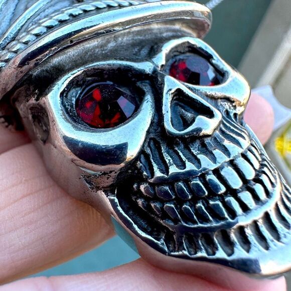Men's Bold Skull Pendant Necklace with Red Eyes - 24" Stainless Steel Chain - Picture 9 of 17